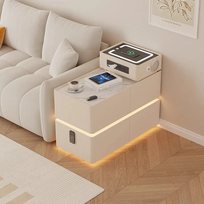 沙发边几扶手柜带灯带插座轻奢高级感小户型客厅多功能边柜置物柜
