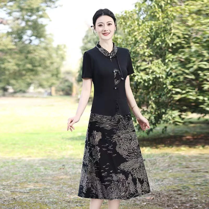 9857-夏装新式薄款假两件裙子中老年女加肥大拼接连衣裙【B20-2-1]