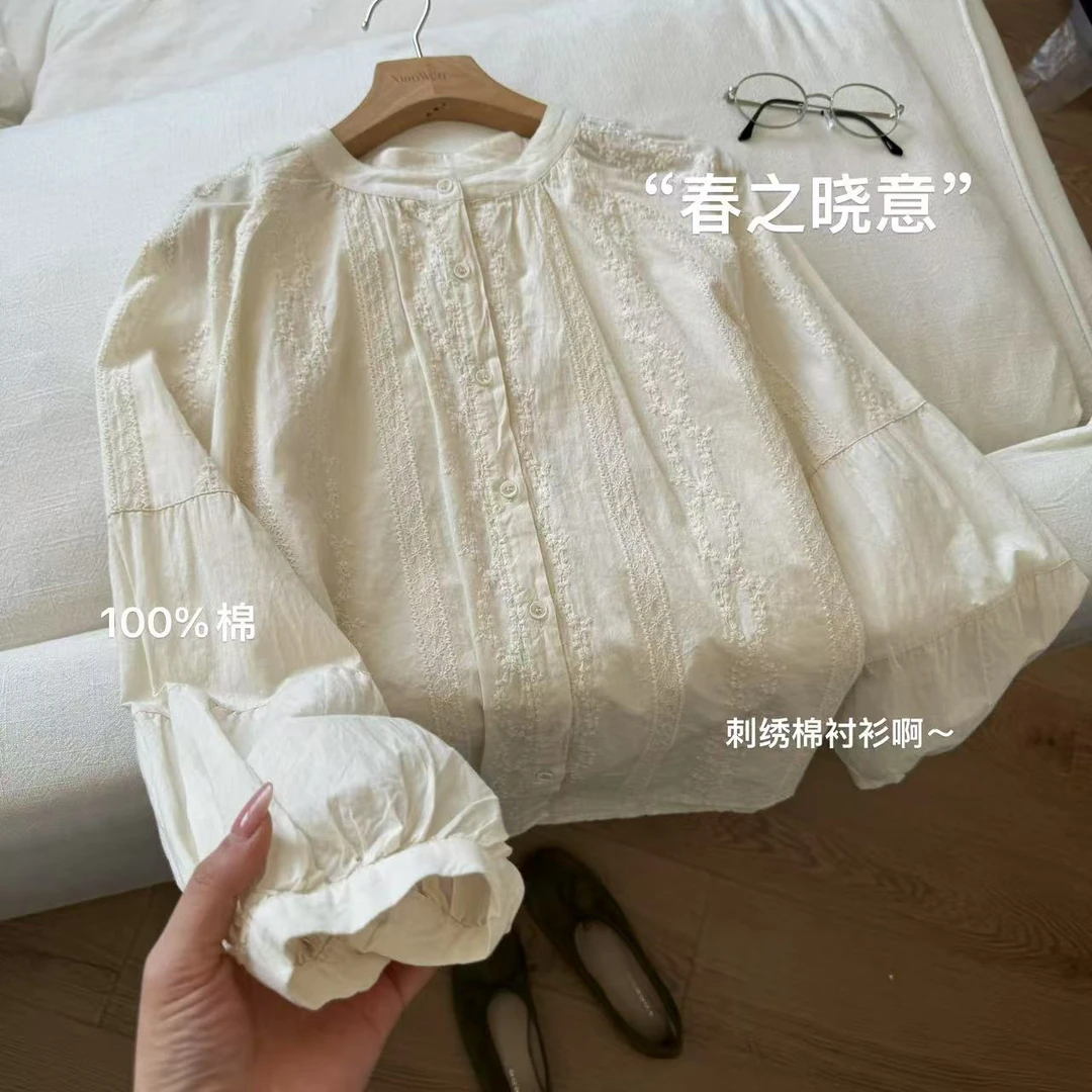 小文姐 X0004-“春之晓意”法式宫廷风气质小衫宽松重工刺绣衬衫