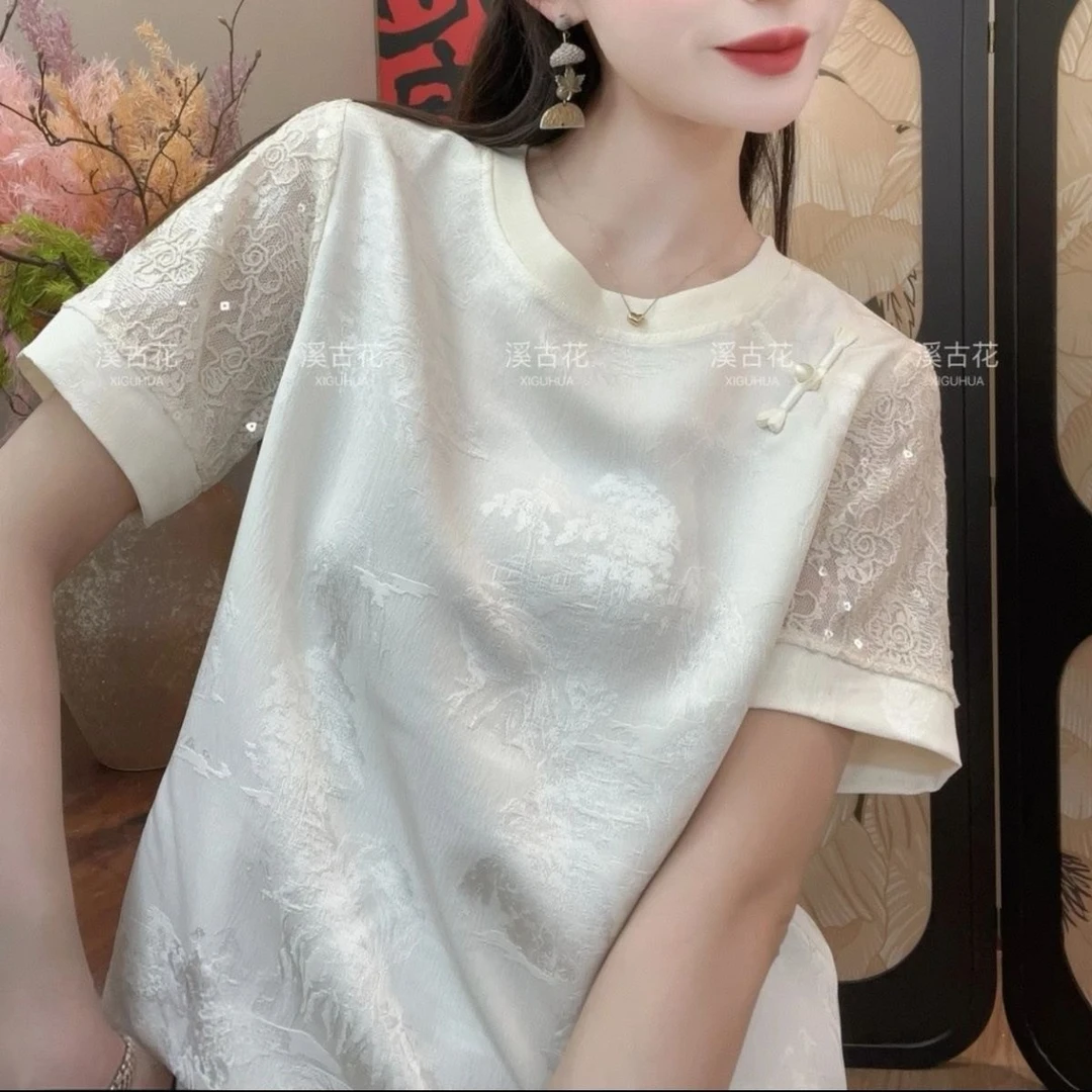 新款新中式国风暗纹提花盘扣短袖T恤女刺绣亮片洋气独特别致上衣