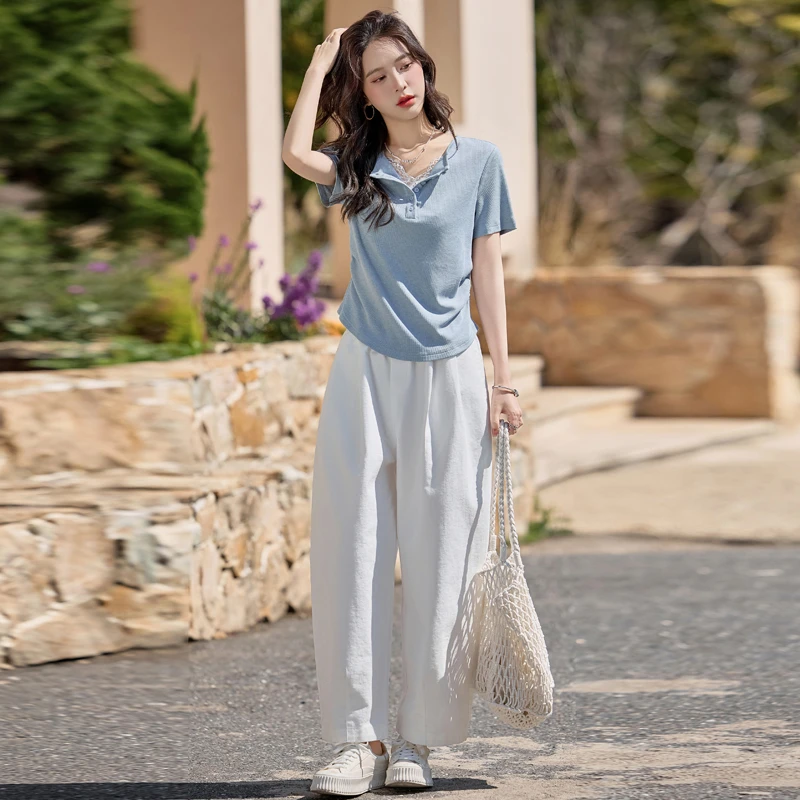 假两件国风针织套装短袖常规款夏季T恤拼色小个子蓝色宽松型