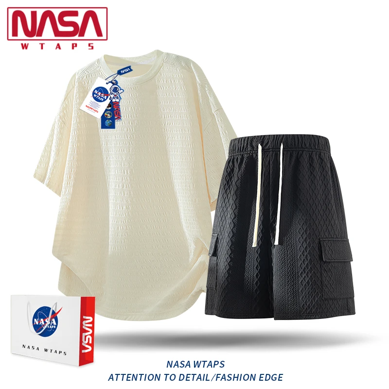 NASA WTAPS冰丝肌理感短袖T恤套装男款夏宽松百搭短袖短裤两件套