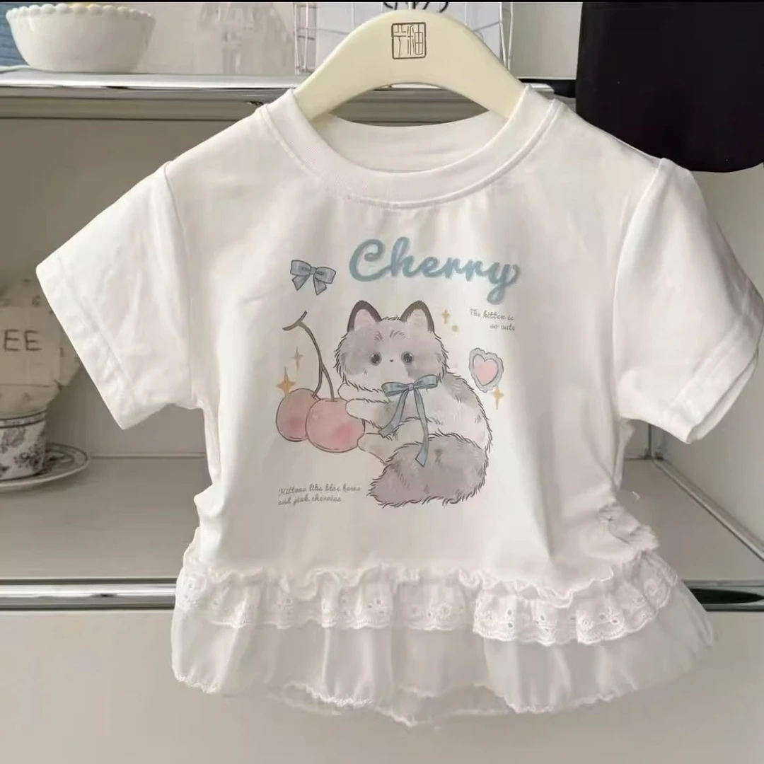 韩版女童夏季卡通女孩短袖上衣新款女宝宝洋气甜美风蕾丝边T恤