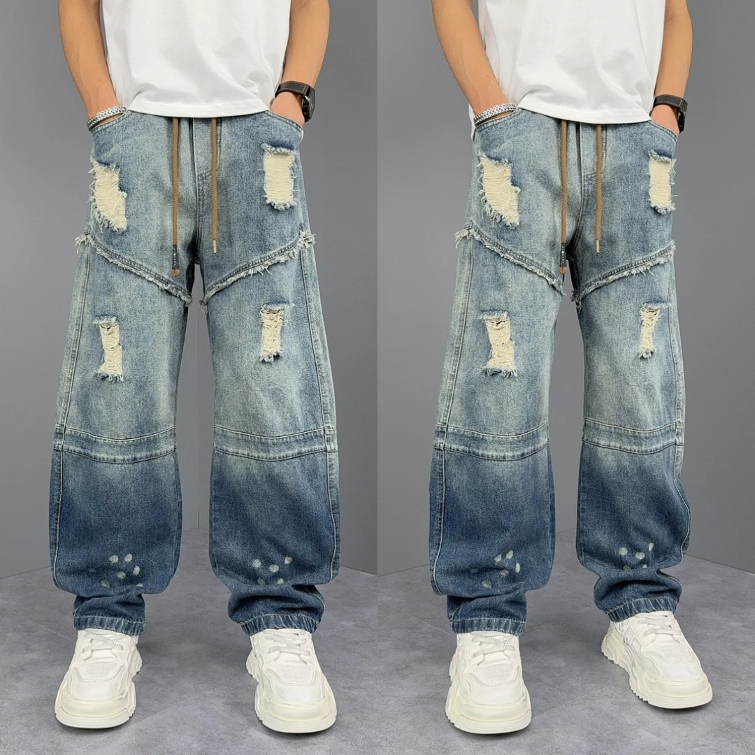 美式潮牌牛仔裤秋季新款高街破洞乞丐裤宽松时尚百搭阔腿休闲长裤