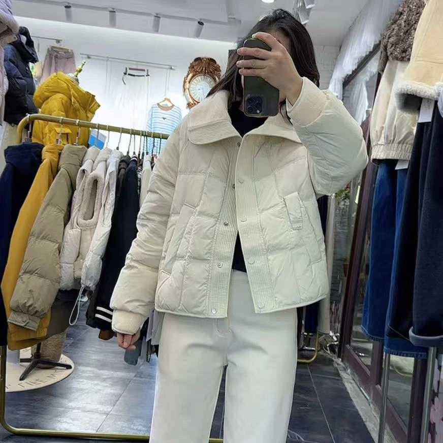 冬季新品仿皮毛一体翻领轻薄短款羽绒服女棉衣棉服高档通勤大众潮