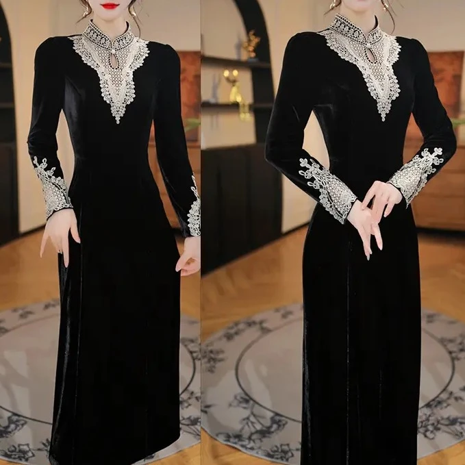 日常新中式重工秋季连衣裙2024年雅丹收腰气质大方绒轻奢连衣裙