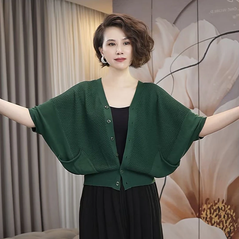 夏季高端原创连袖提花透气女士宽松休闲针织开衫显瘦百搭上衣洋气