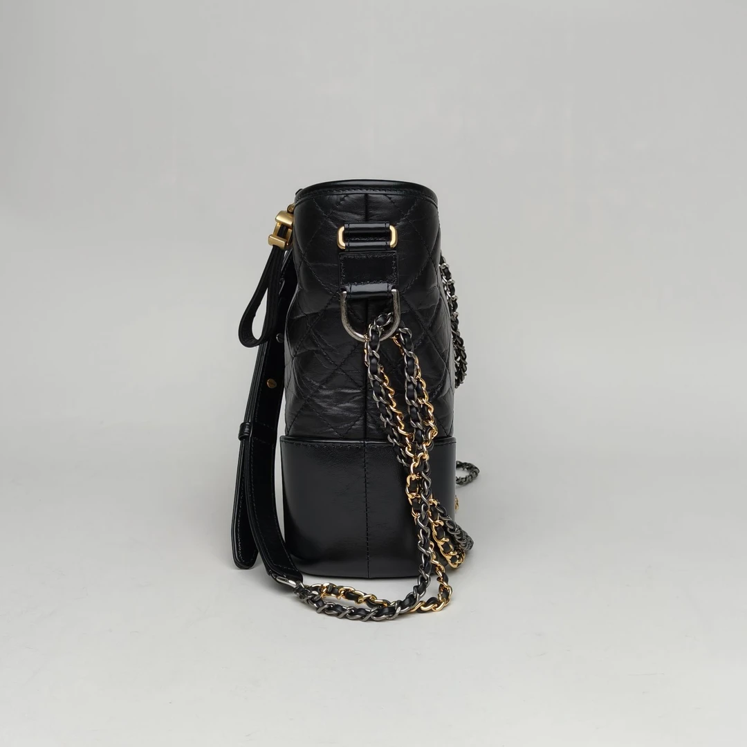 95新 Chanel/香奈儿 【娇】流浪单肩包28黑色皮革C28开金银扣213328