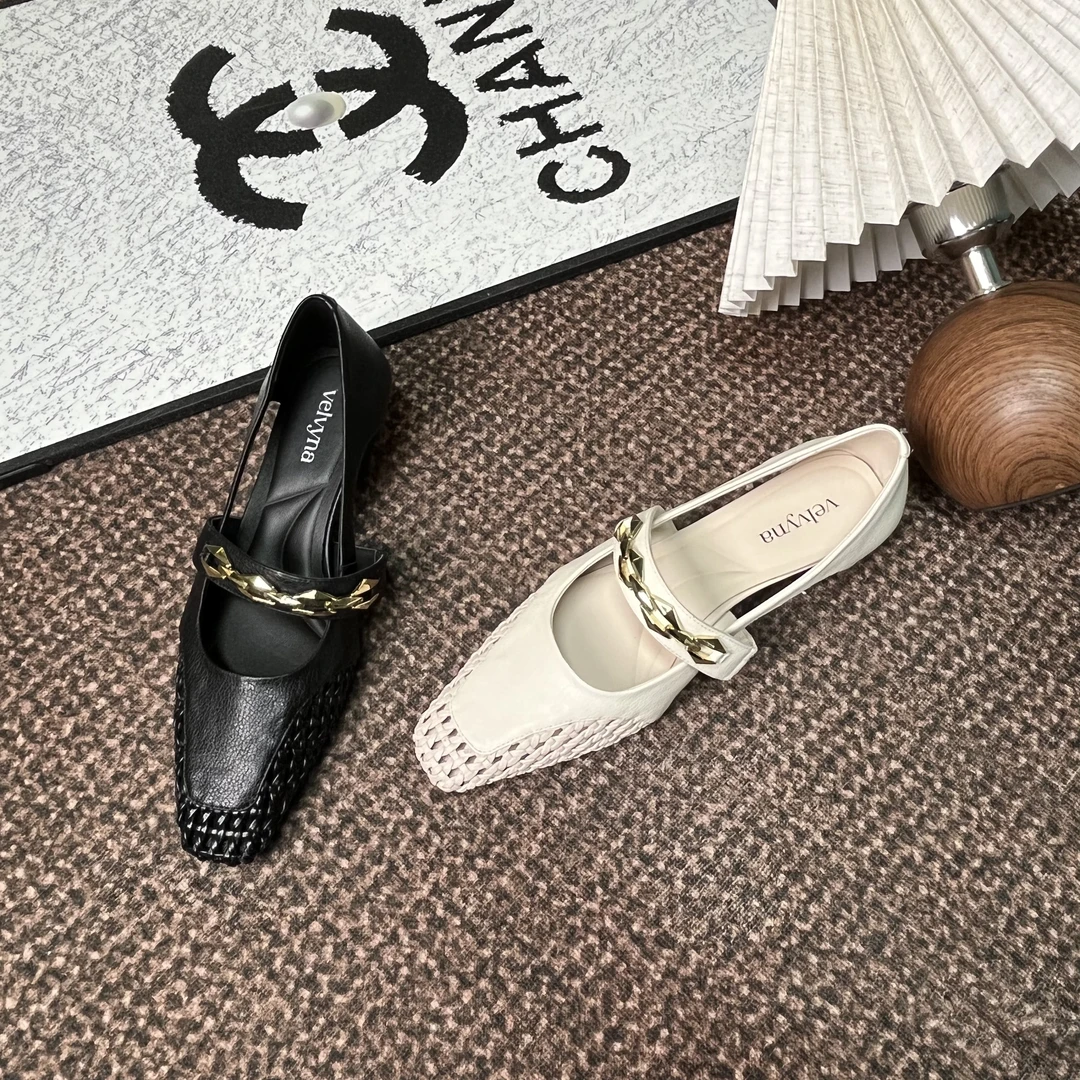 编织镂空时尚平底春季浅口女鞋法式方头一字带方跟夏季单鞋凉鞋