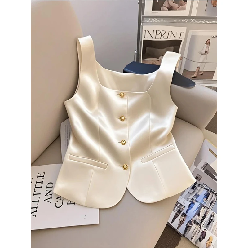 老钱风缎面U领马甲外套女夏季新款高级感西装背心法式无袖小上衣