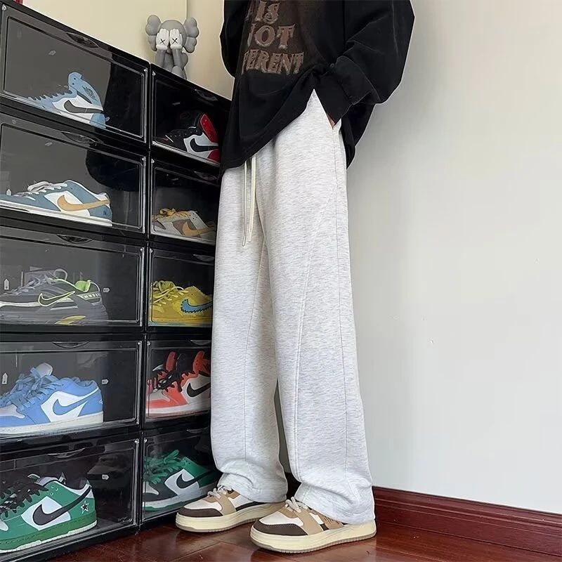 秋季美式斜切弯刀裤微喇灰色卫裤男裤子直筒百搭垂感休闲裤显瘦