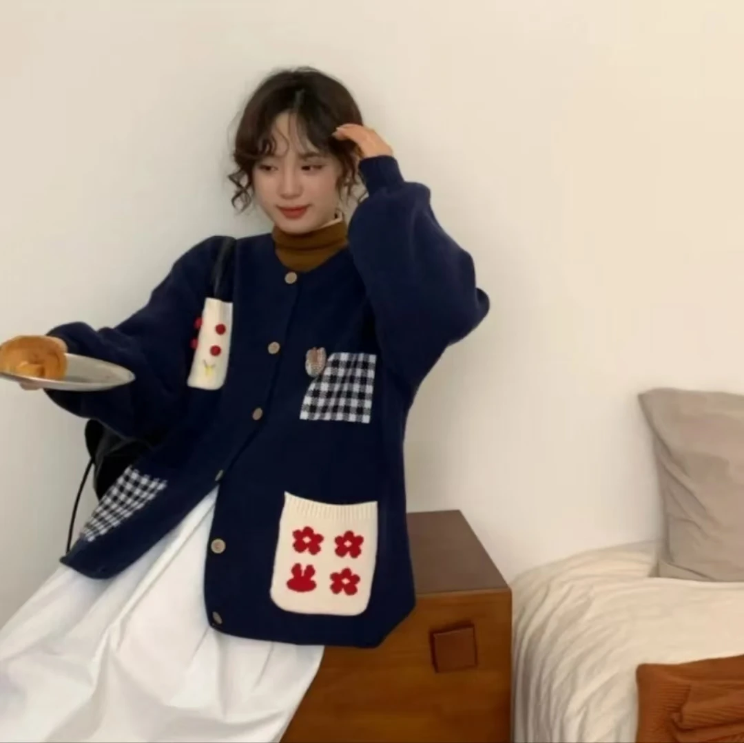 【大码】319大码甜美减龄重工撞色格子加厚开衫毛衣外套冬设计感