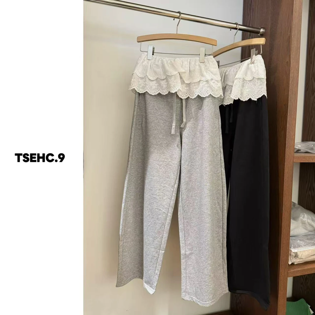 TSEHC.9屁帘可拆卸~韩系设计感蕾丝花边拼接松紧腰阔腿休闲裤8563