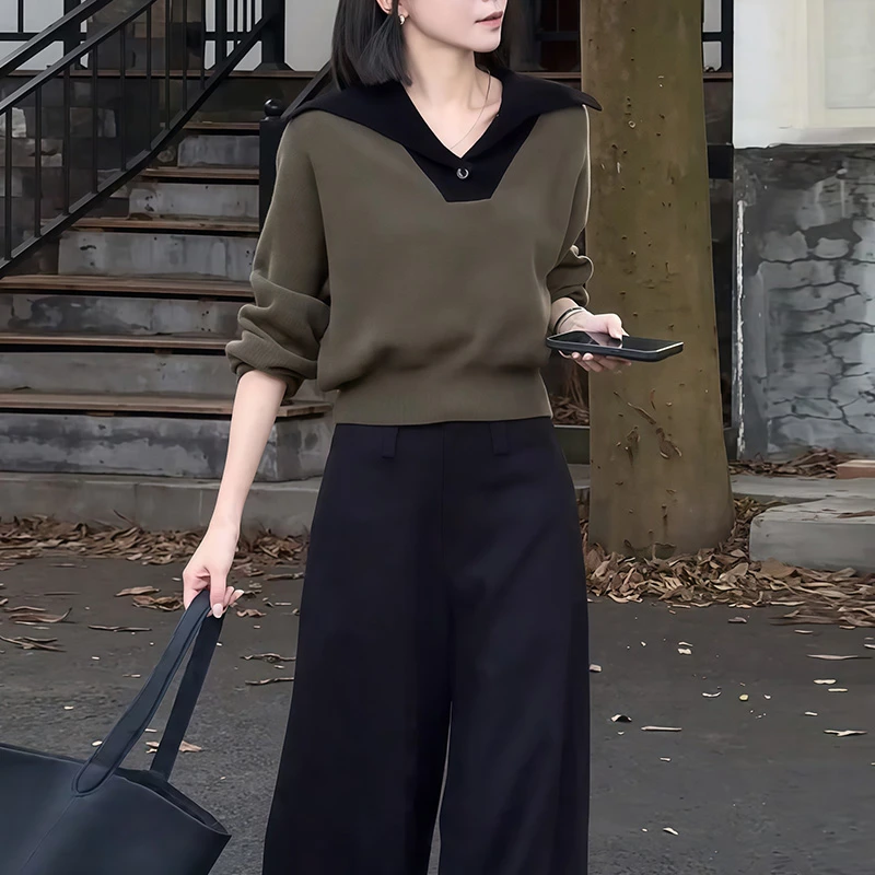 针织撞色连帽咖色宽松卫衣女2025秋冬新款韩系慵懒V领设计感外套