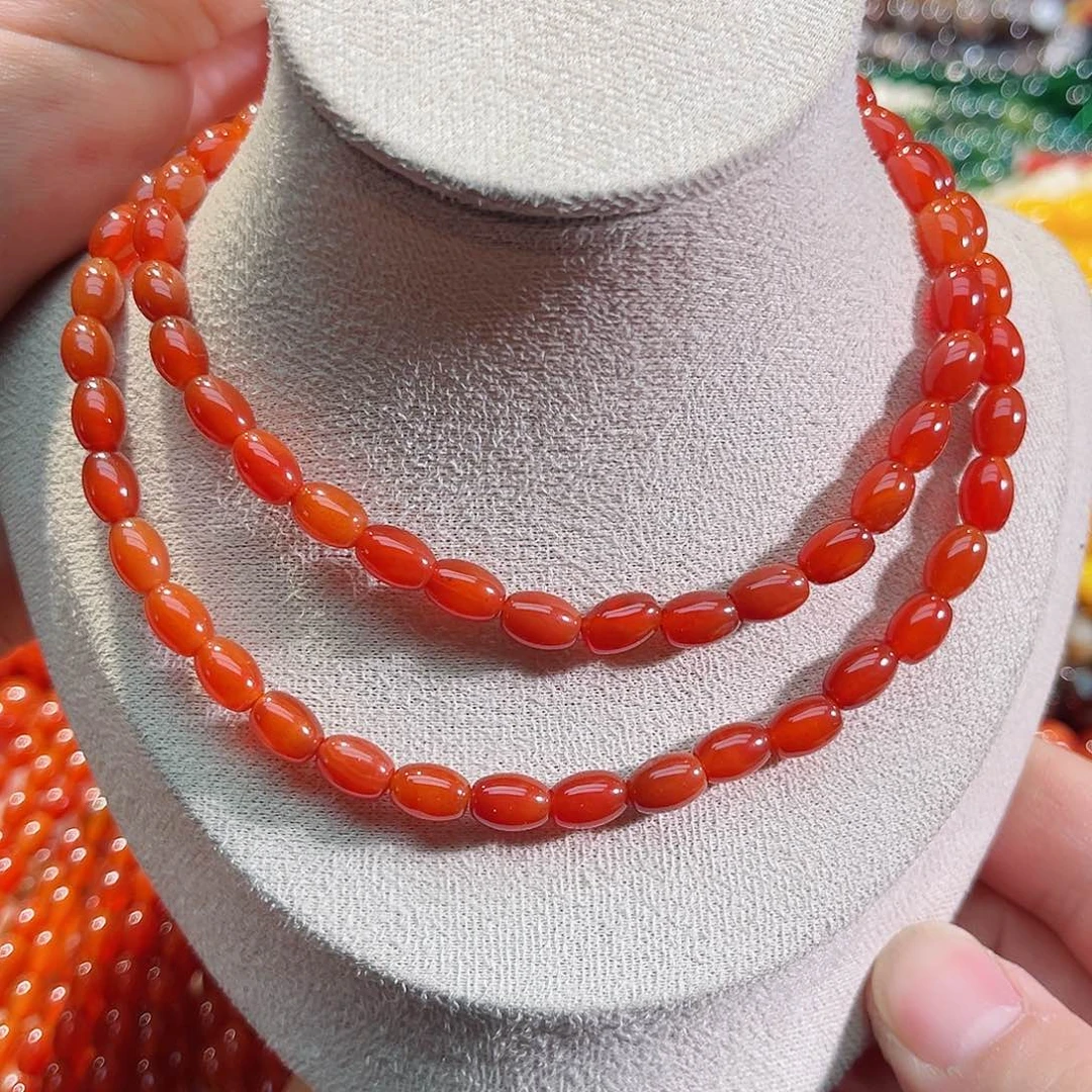 玛瑙/玉髓未镶嵌珠宝半成品A货红玛瑙米珠一条6x8mm