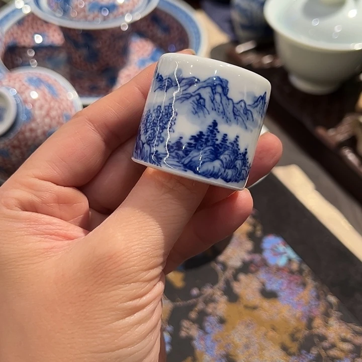 怡琅柴窑纯手工手绘山水扳指盖置