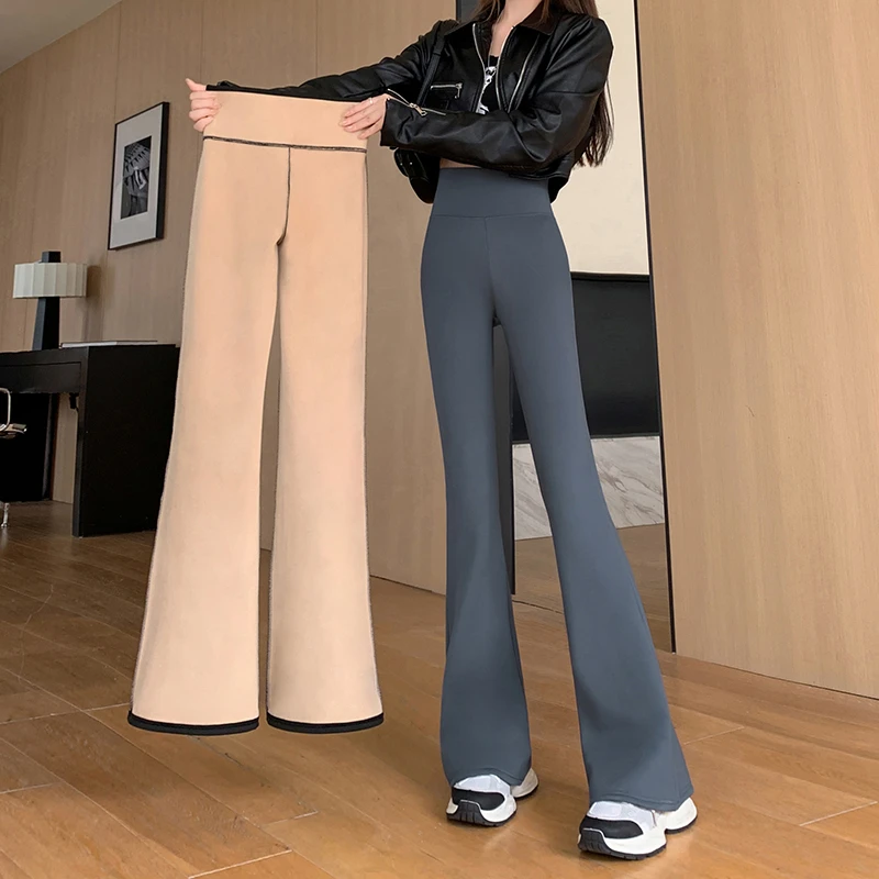 邮政包邮冬季黑色高腰加绒加厚时尚显瘦微喇喇叭裤休闲