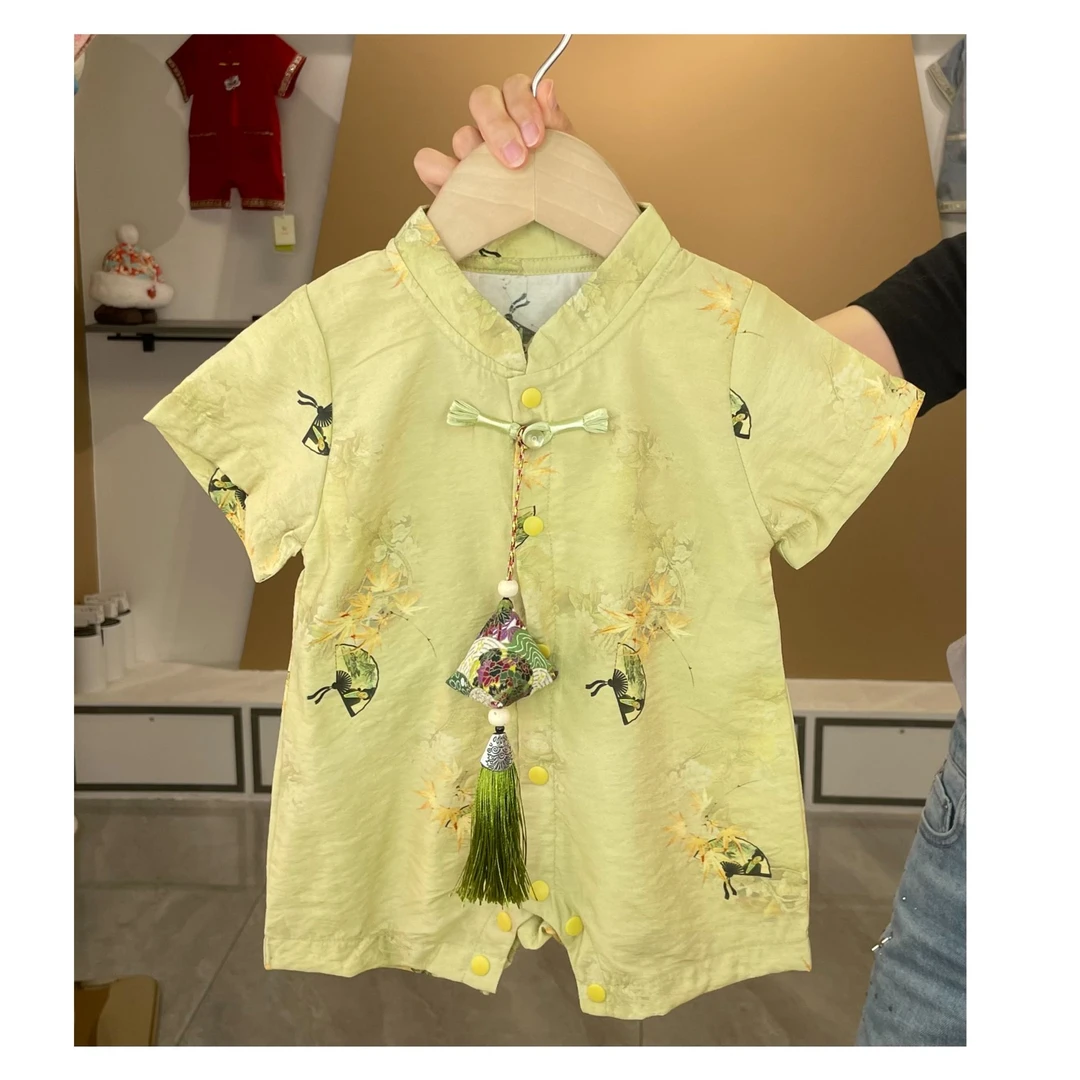 婴儿国风扇子衣服夏季中国风薄款男宝宝短爬连体衣端午礼粽子挂件