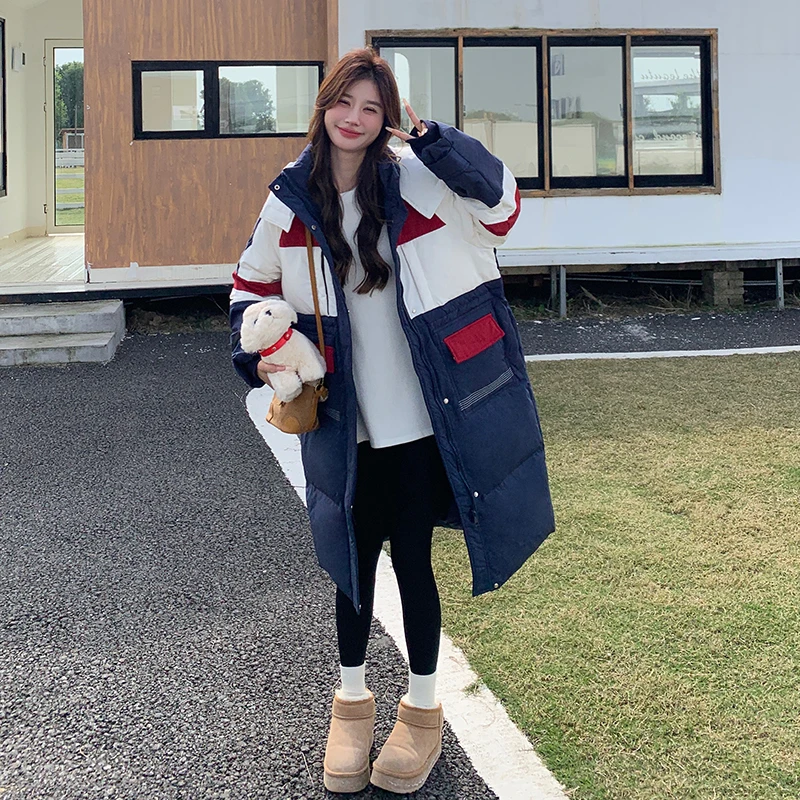 设计感撞色拼接中长款棉服女冬季新款韩版超好看洋气宽松加厚棉衣