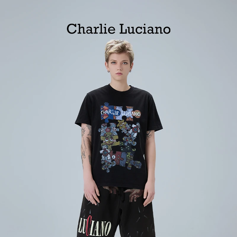 Charlie Luciano2024新款情侣T恤宽松可爱拼图印花做旧短袖上衣潮
