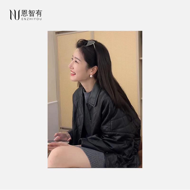 【恩有】进口绵羊皮 黑色翻领棉服