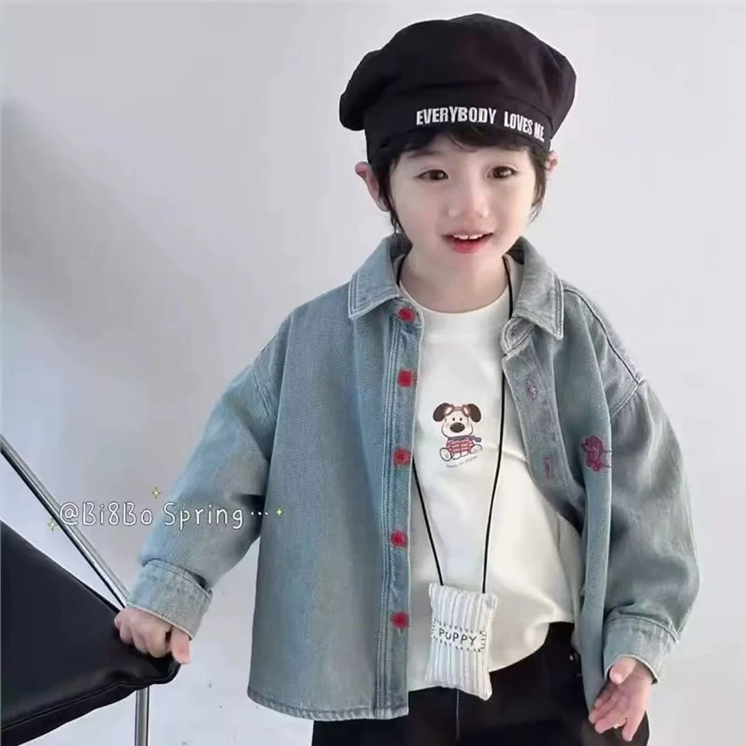 5117男女童潮流个性洋气休闲百搭春秋季红刺绣小狗牛仔外套