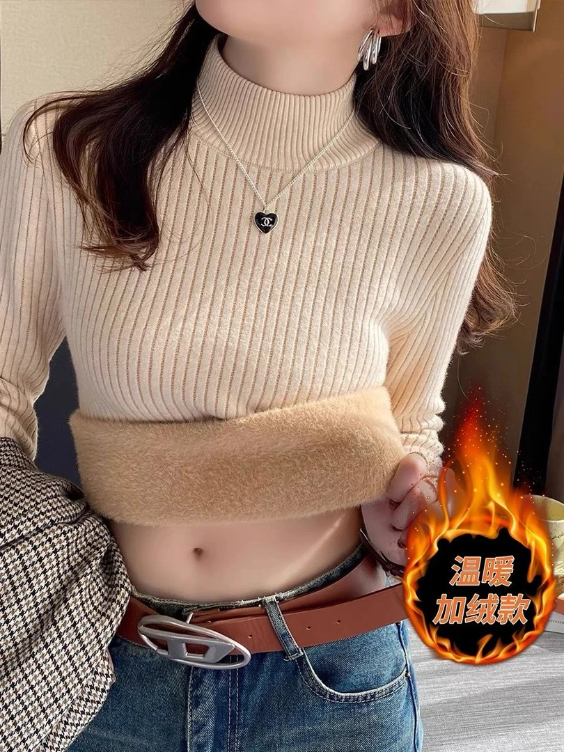 加绒毛衣女加厚秋冬内搭一体绒东北冬季半高领打底衫白色保暖上衣