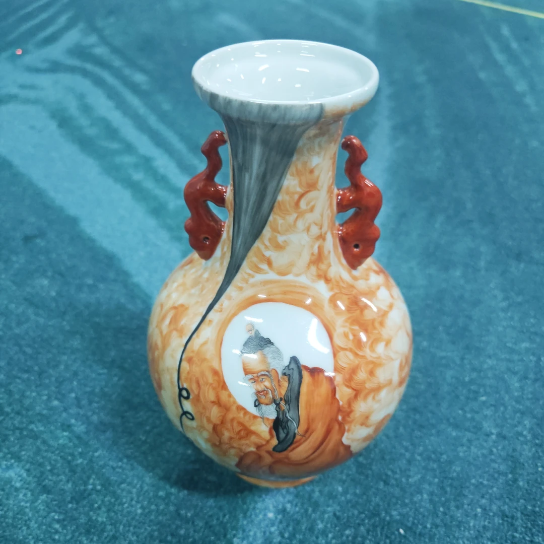 【景德镇】高温陶瓷，W茶道矾红双耳罗汉瓶瓷流水