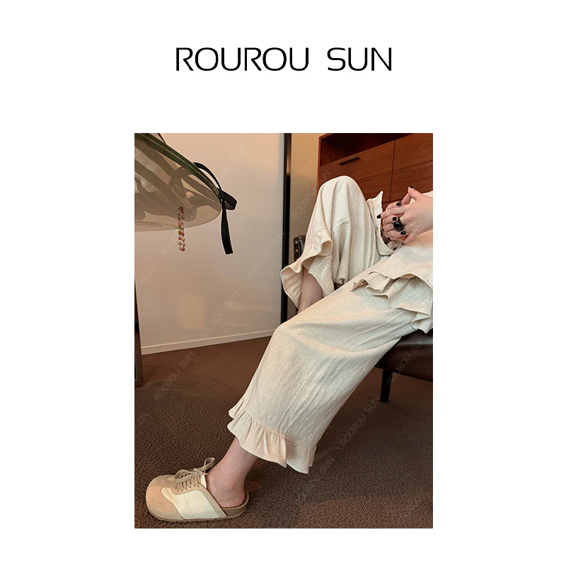 23115设计感荷叶边松紧腰休闲裤女宽松百搭舒适阔腿裤