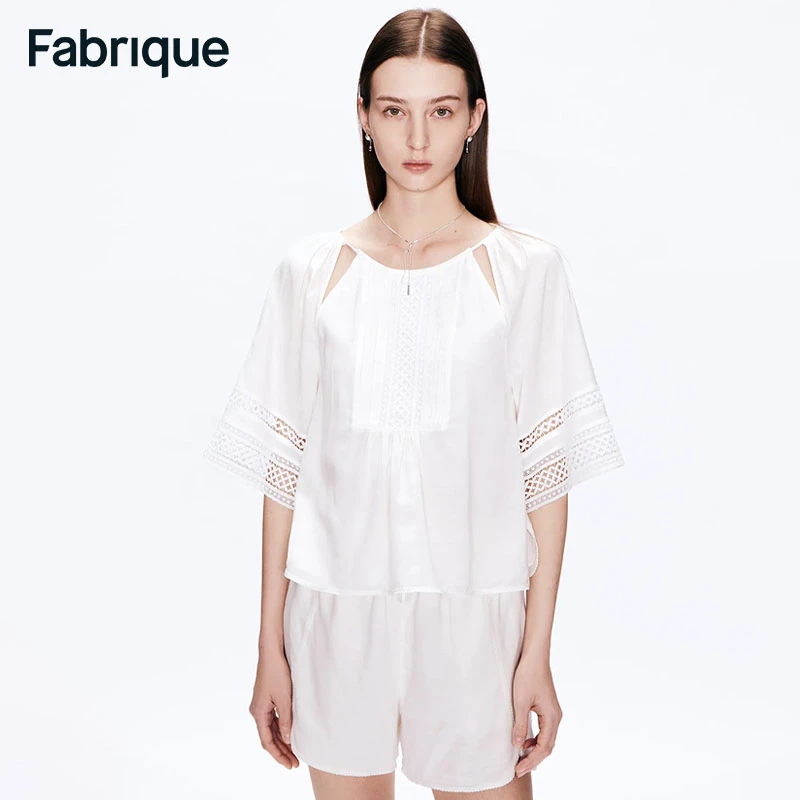 【Fabrique】白色拼接蕾丝花边镂空上衣春季新款设计感短袖上衣女