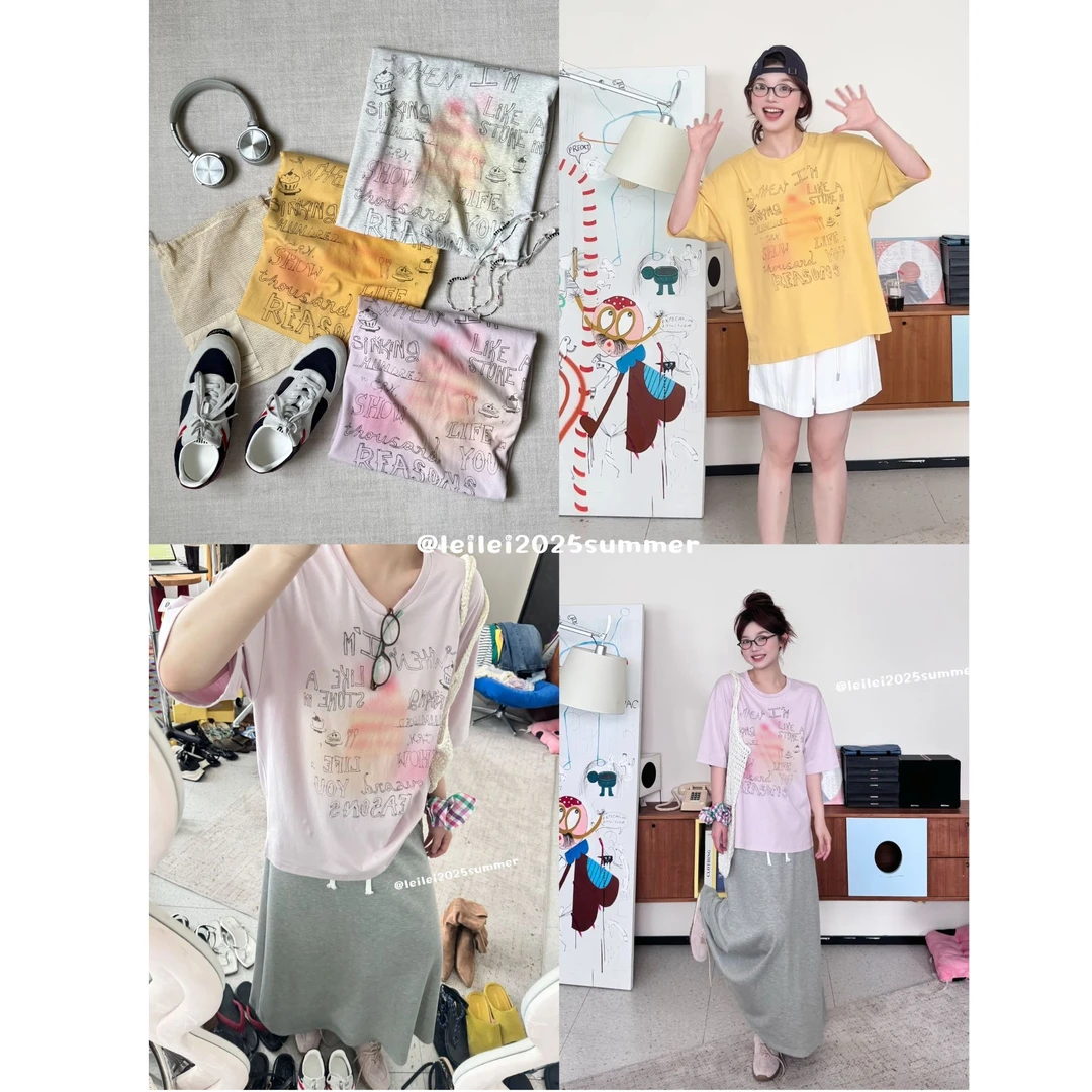 晶咕【腮红T】美式趣味晕染图案字母圆领短袖T时尚恤休闲