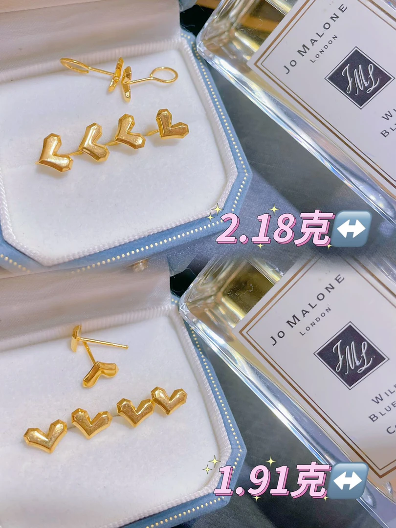 足金999v字一心一意耳钉时尚仙女经典