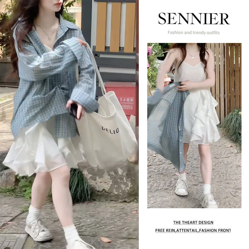 今年流行穿搭一整套2025新款格子长袖衬衫显瘦荷叶边吊带裙两件套