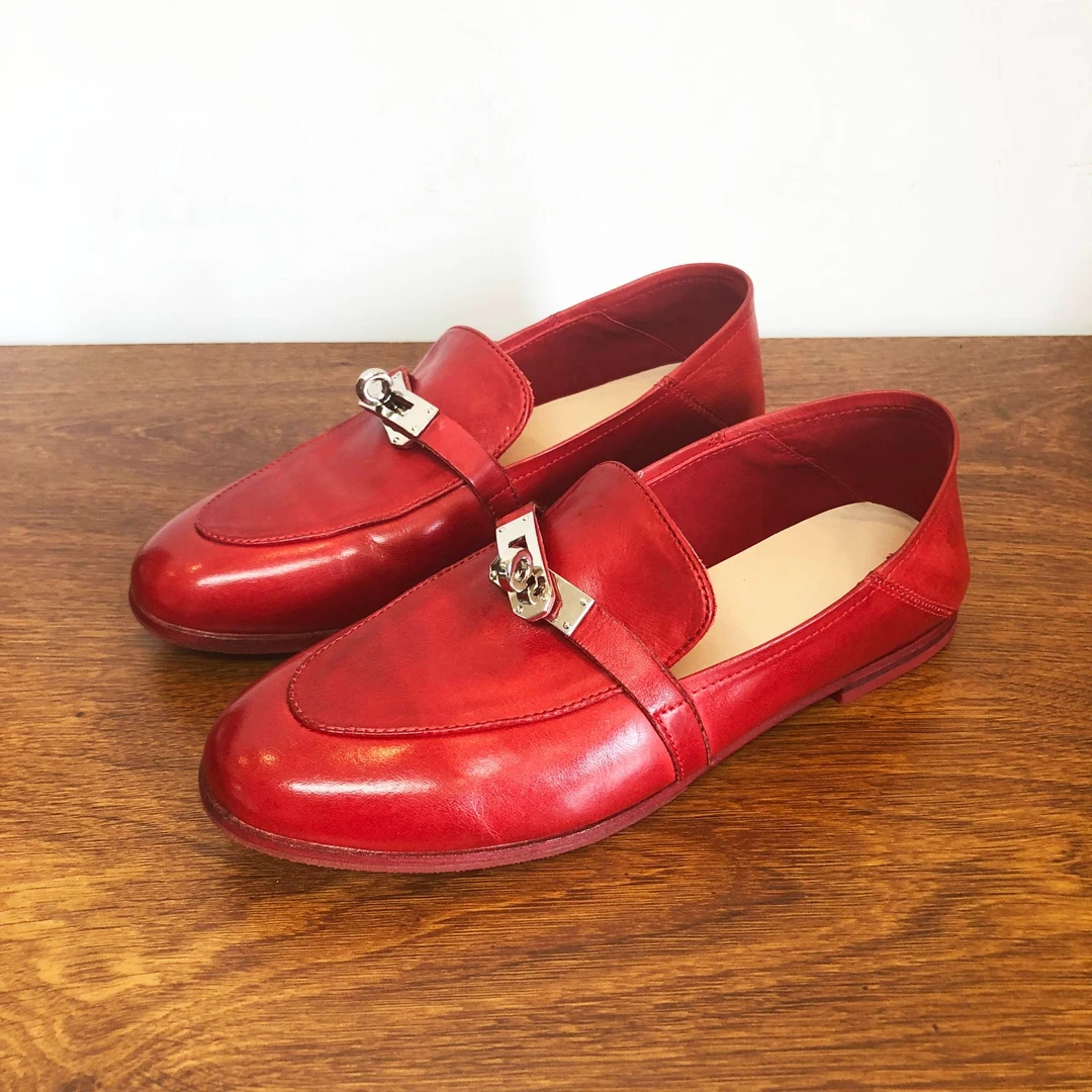 【钦锘女鞋】水洗马皮乐福鞋Kelly扣老钱风一脚蹬真皮底单鞋0819