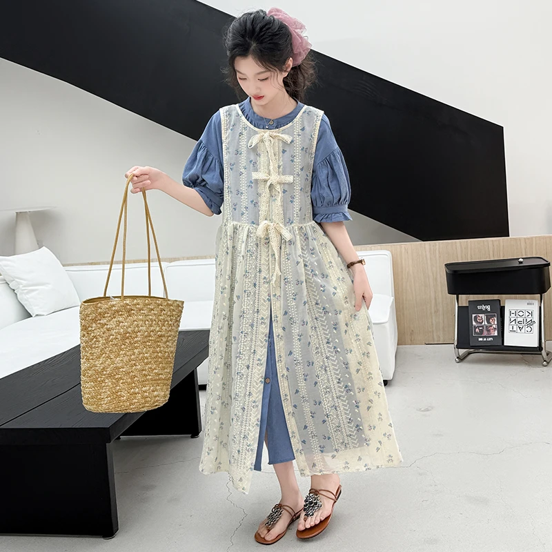 【酷哒仔】女童碎花罩衫蓝色衬衫连衣裙两件套装2025夏季中大童韩范