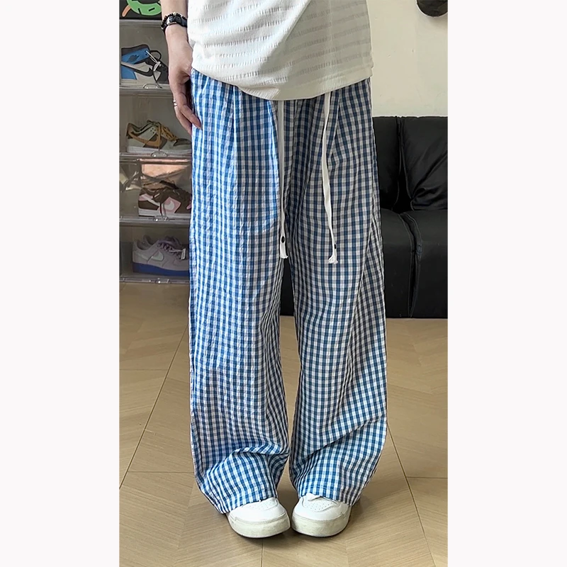 日系蓝白格子裤男女款夏季oversize慵懒风情侣裤子撞色裤腰休闲裤