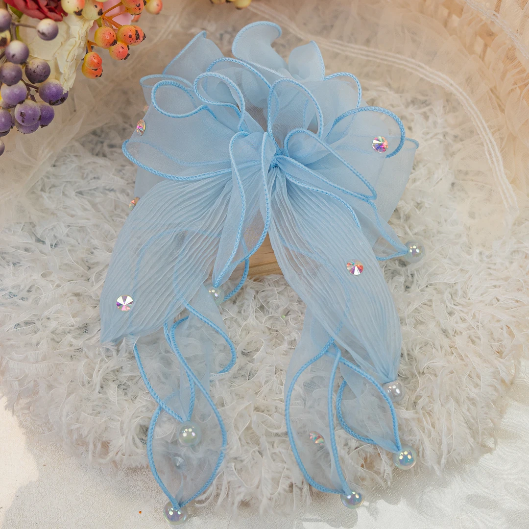 饰阿梁2822 兰色压皱珍珠肠圈头饰成人少女气质孩发饰甜美蝴蝶结