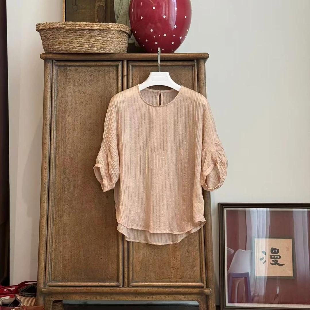 MYL 2025夏季新品桑蚕丝混纺19姆米浅粉色褶皱衬衫圆领短袖上衣