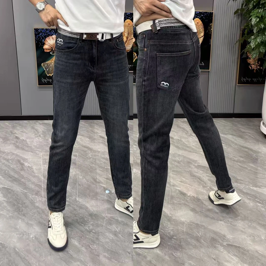 男式牛仔裤广州新款男裤深色百搭小直筒裤男自带腰带长裤修身显瘦