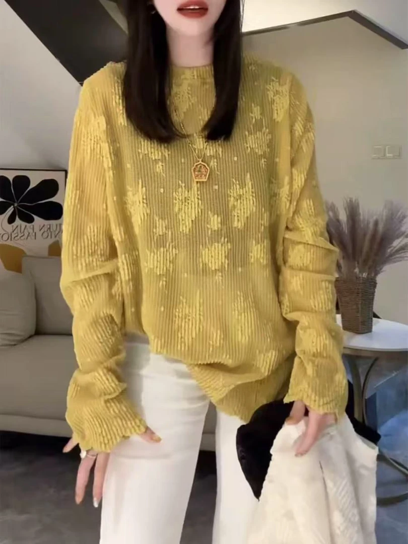 大码微胖MM圆领宽松中长款提花蕾丝打底衫女春季洋气性感镂空上衣