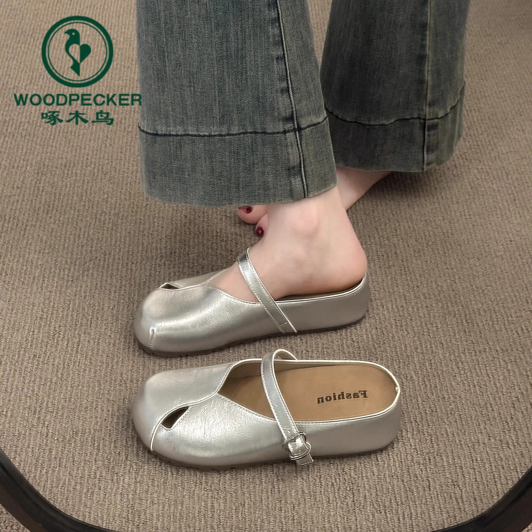 啄木鸟厚底包头凉拖鞋女夏2025新款配裙子超火一脚蹬半托银色单鞋