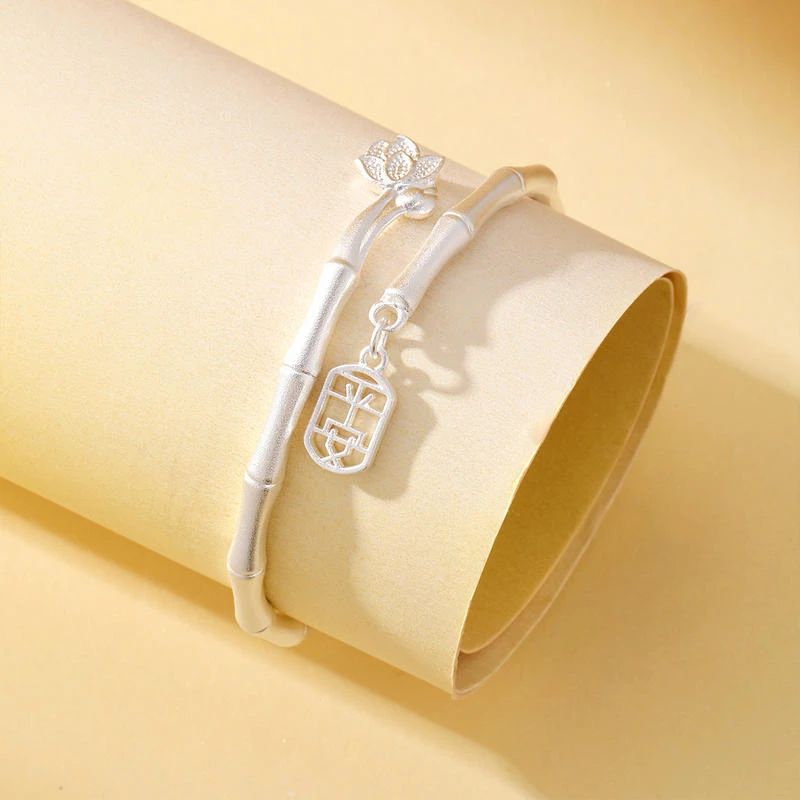 足银手镯 竹节莲花节节高升平安小众镯子情人节礼物送女友