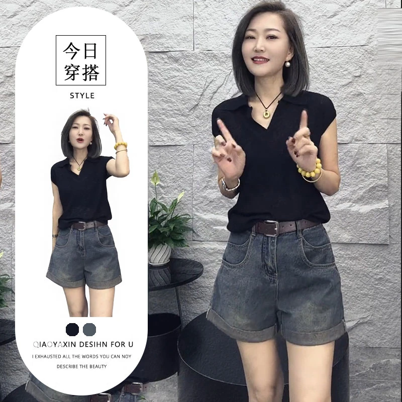 高级感别致黑色海鸥领短袖上衣搭配牛仔短裤港味别致百搭两件套潮