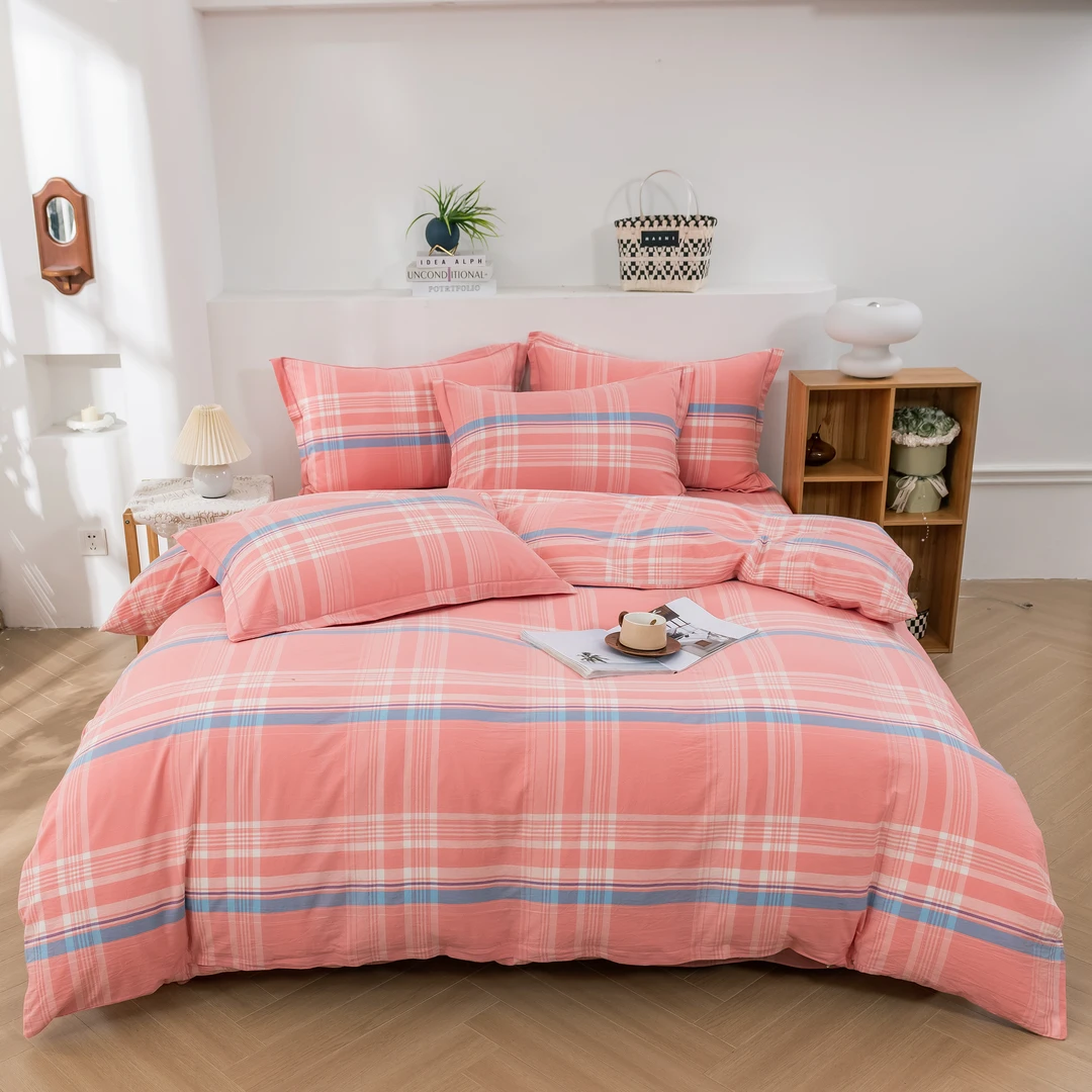 A类全棉100％纯棉色织水洗棉格子款简约轻奢四件套件 柔软亲肤被套