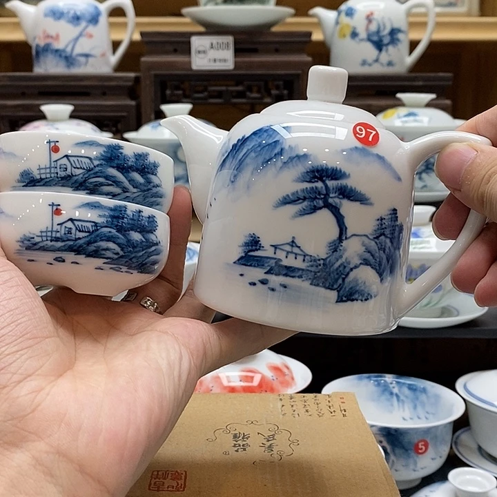 手绘一物一拍山水茶壶260cc➕两国主人杯釉下彩微瑕福利款