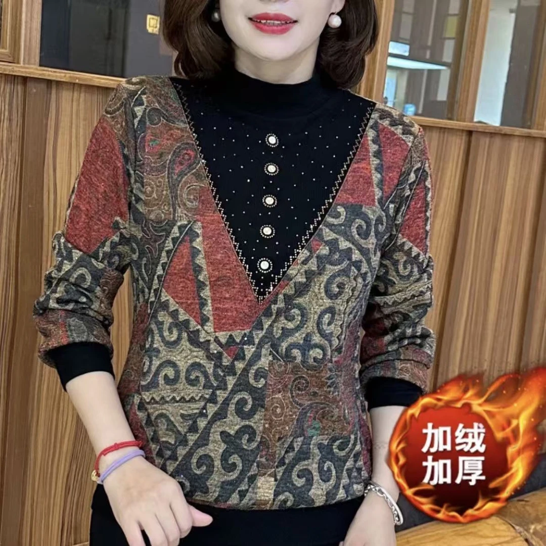 【爆款热卖】秋冬新款印花潮流百搭休闲打底衫时尚半高领女妈妈装