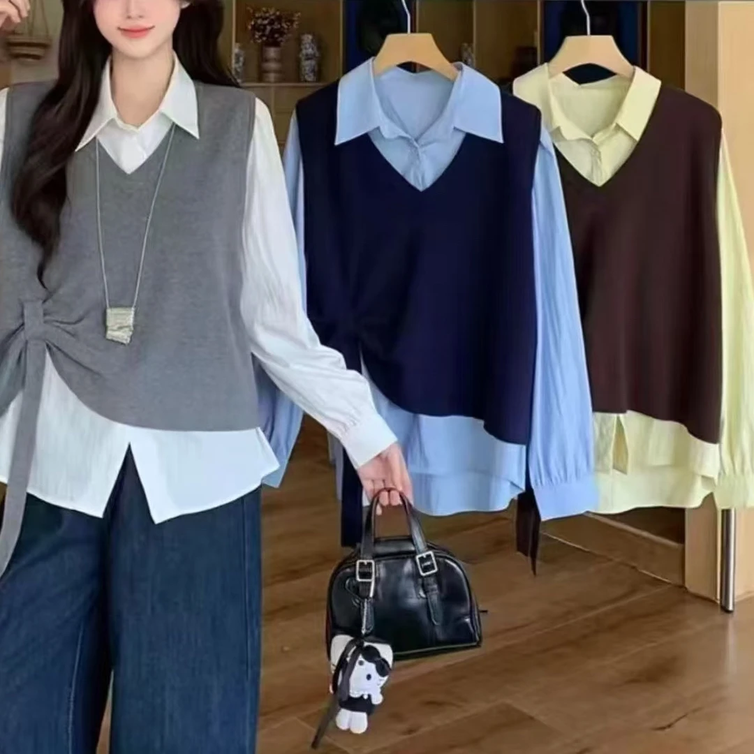 1181-2025年秋季新款时尚洋气显瘦设计感马甲+衬衫两件套