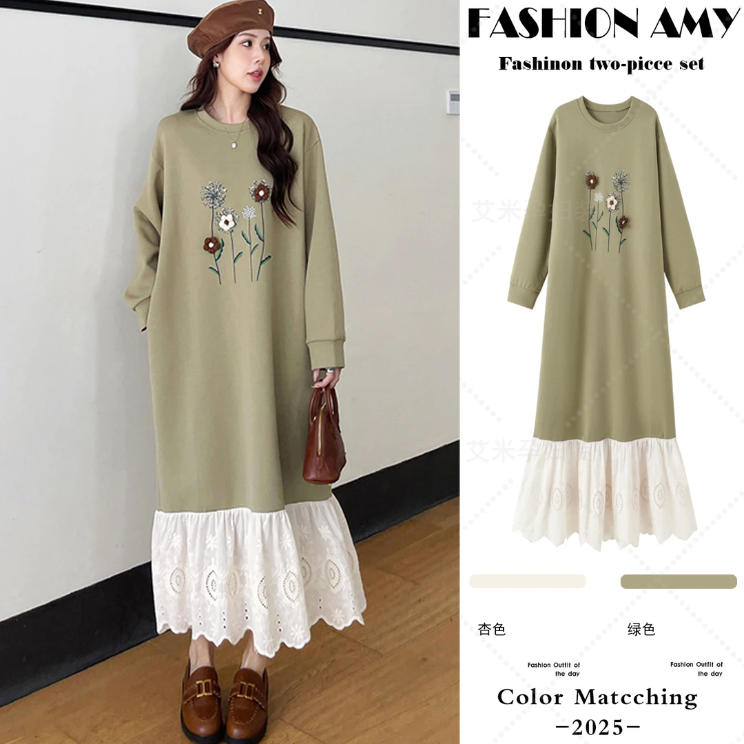 孕妇连衣裙秋季新款时尚撞色拼接绣花边长袖假两件宽松显瘦卫衣裙
