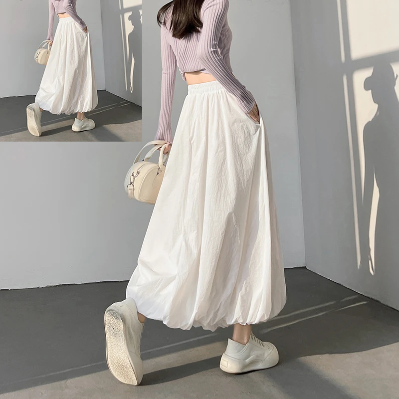 白色花苞半身裙女夏季薄款冰丝云朵裙中长款高腰显瘦a字蓬蓬裙子