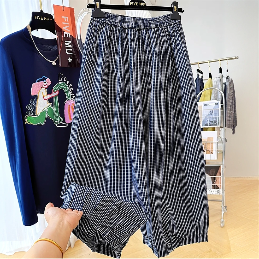 韩系慵懒风松紧腰格子休闲裤女夏季宽松阔腿九分灯笼裤松弛感裤子